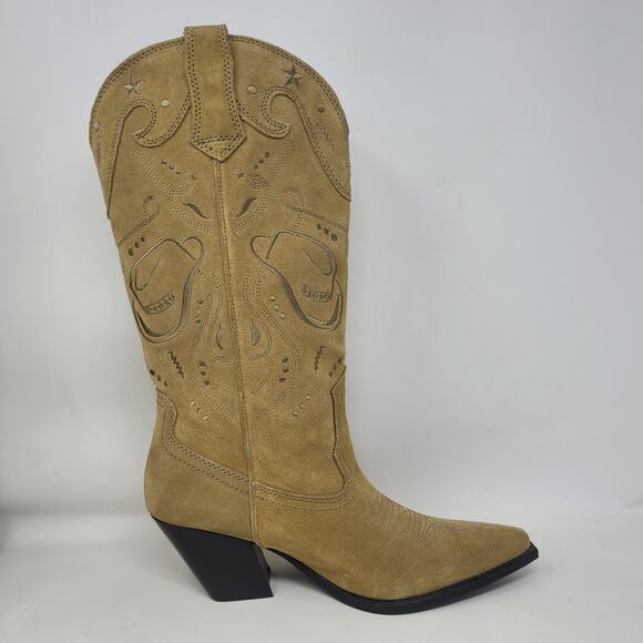 Zara Boots Women EU42 US11 Tan Suede Western Embroidered Cowgirl Rodeo Tall NEW - Picture 7 of 16